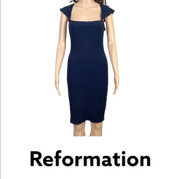 Reformation Dresses & Skirts - Reformation Navy Blue Ribbed Square Neck Knit Cap Sleeve Mini Shirt Dress M